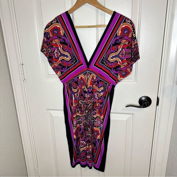 Y2K Emma & Michele Magenta Purple Red Floral Print Mini Kaftan Dress Sz M Boho - Picture 1 of 7